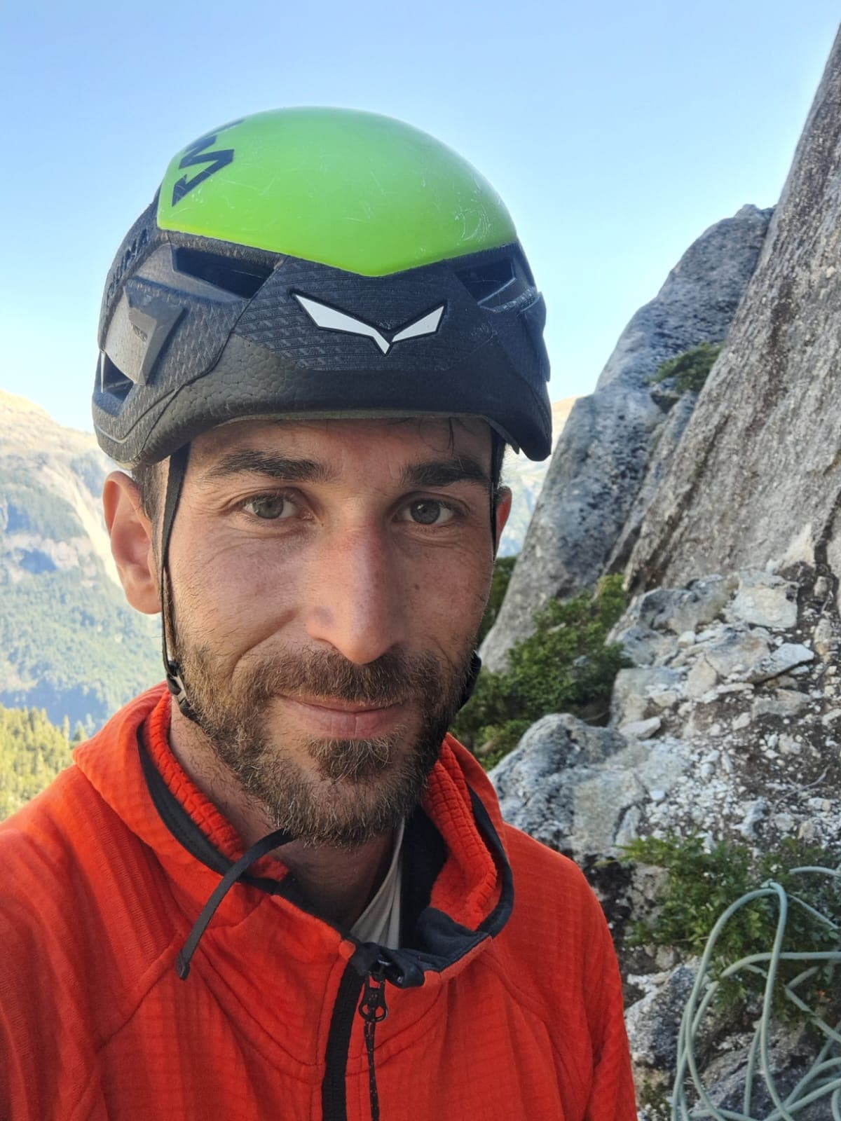 James Baragwanath wearing a climbing helmet in the Andes.